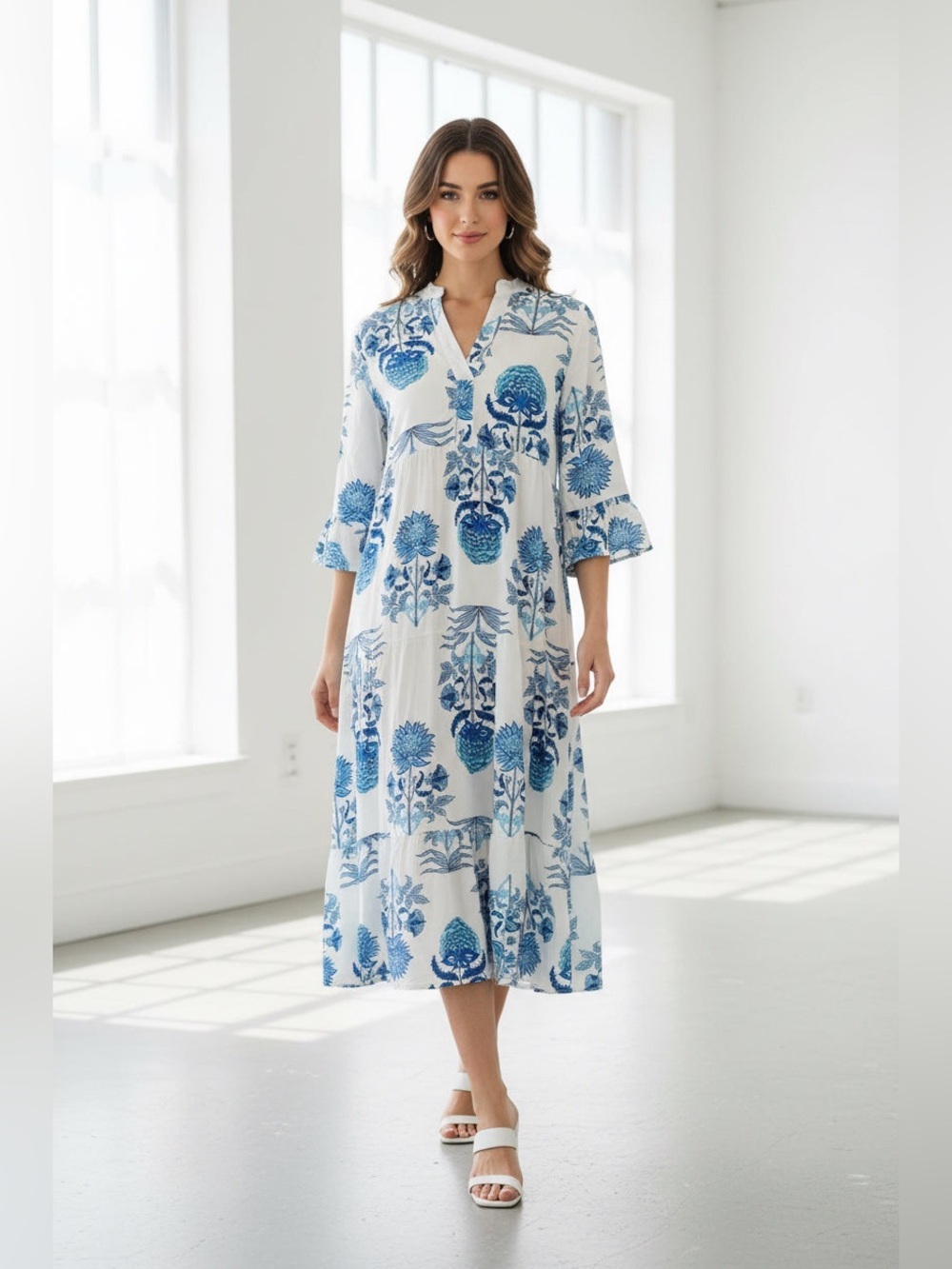 Mlle Gabrielle White Maxi Dress with Blue Floral Print